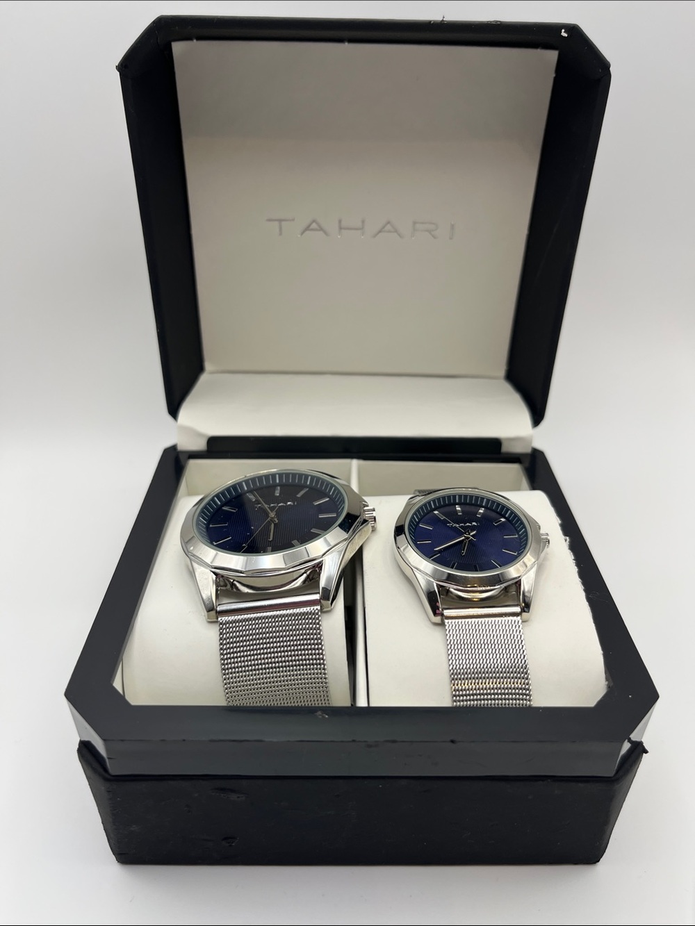 Tahari Silver Mesh Band Watch Set with Blue Dials